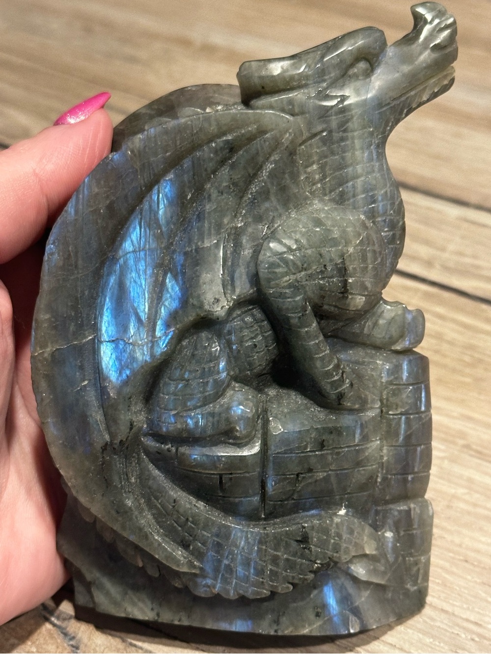 Labradorite Dragon Carving on Castle Tower – Blue Flash – Hand Carved Crystal - Picture 3 of 7